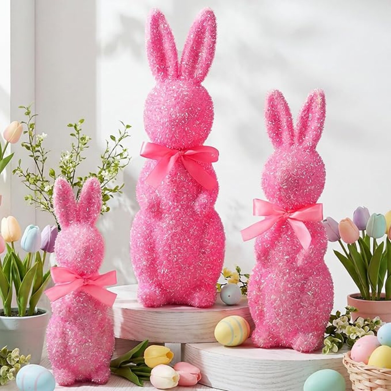 3 Pcs Easter Bunny Decorations Pink Flocked Bunny Figurines with Bow Flocking Rabbit Tabletop Statues for Spring Easter Farmhouse Table Baskets Mantel Home Decor Gift 10 13 15.5 Inch